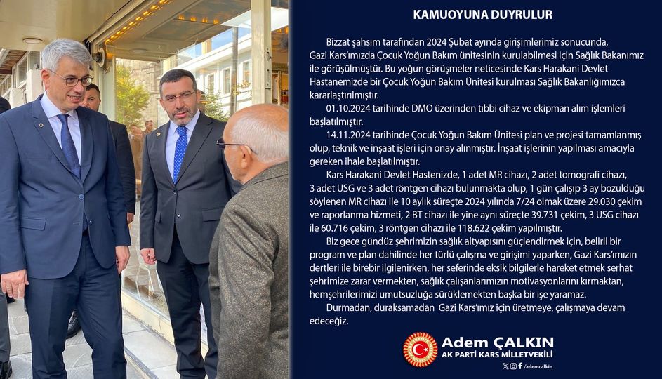 Çalkın, “Kars’ta çocuk yoğun bakım ünitesi kuruluyor”