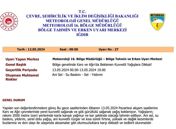 Kars için meteorolojik uyarı!
