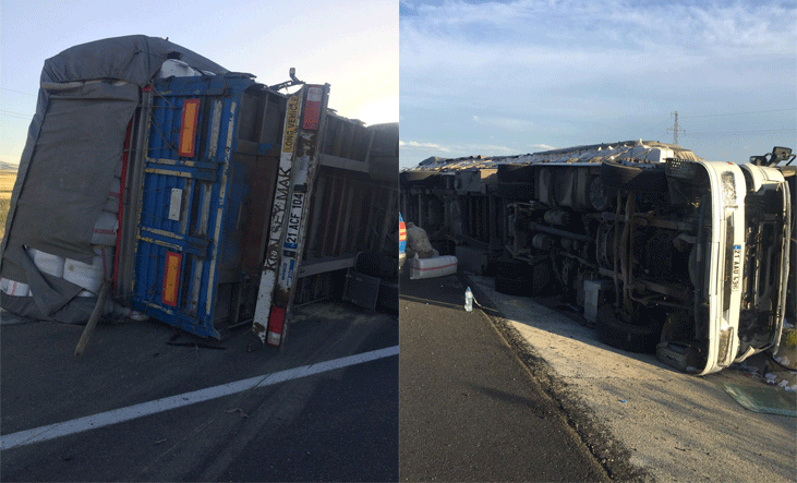 Digor’da saman dolu tır devrildi